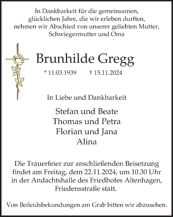 Traueranzeige von Brunhilde Gregg  von Tageszeitung